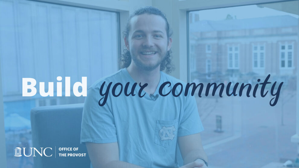 A smiling male student with the words "Build your Community" overlaid